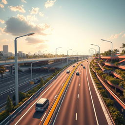 A futuristic and advanced highway scene, showcasing sleek, high-tech features such as holographic road signs, autonomous electric vehicles cruising effortlessly, solar-powered smart street lights, and multi-layered roads interconnected with lush vertical gardens