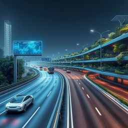 A futuristic and advanced highway scene, showcasing sleek, high-tech features such as holographic road signs, autonomous electric vehicles cruising effortlessly, solar-powered smart street lights, and multi-layered roads interconnected with lush vertical gardens