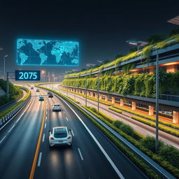 A futuristic and advanced highway scene, showcasing sleek, high-tech features such as holographic road signs, autonomous electric vehicles cruising effortlessly, solar-powered smart street lights, and multi-layered roads interconnected with lush vertical gardens