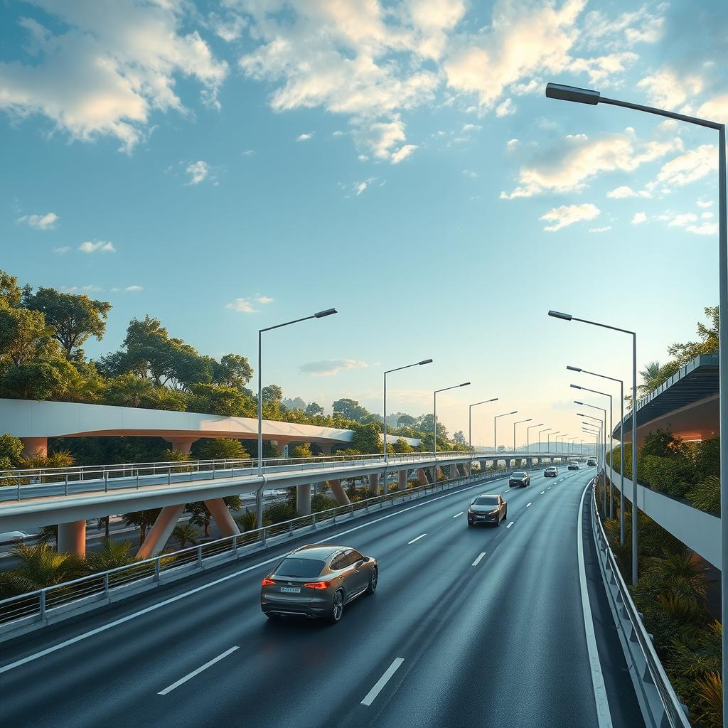 A futuristic and advanced highway scene, showcasing sleek, high-tech features such as holographic road signs, autonomous electric vehicles cruising effortlessly, solar-powered smart street lights, and multi-layered roads interconnected with lush vertical gardens