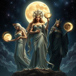 Three goddesses of the moon depicted in a majestic scene: Luna, Diana, and Hecate