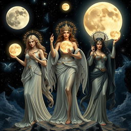 Three goddesses of the moon depicted in a majestic scene: Luna, Diana, and Hecate