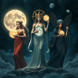 Three goddesses of the moon depicted in a majestic scene: Luna, Diana, and Hecate