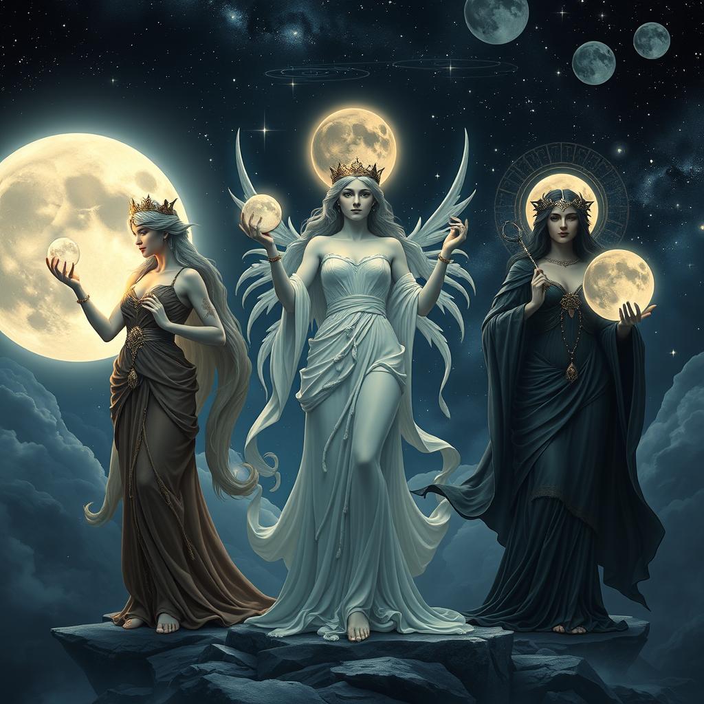 Three goddesses of the moon depicted in a majestic scene: Luna, Diana, and Hecate