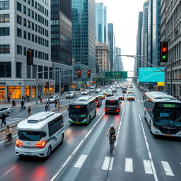 A bustling cityscape featuring an advanced intelligent transportation system, with self-driving cars and buses seamlessly navigating the roads alongside cyclists and pedestrians