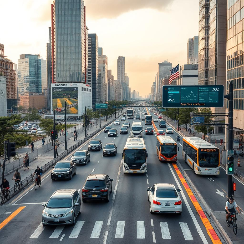 A bustling cityscape featuring an advanced intelligent transportation system, with self-driving cars and buses seamlessly navigating the roads alongside cyclists and pedestrians