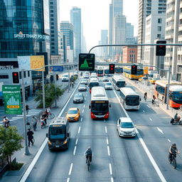 A bustling cityscape featuring an advanced intelligent transportation system, with self-driving cars and buses seamlessly navigating the roads alongside cyclists and pedestrians