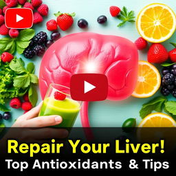 A vibrant YouTube thumbnail for a health-focused video titled "Repair Your Liver: Antioxidants and Key Tips