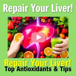 A vibrant YouTube thumbnail for a health-focused video titled "Repair Your Liver: Antioxidants and Key Tips