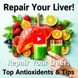 A vibrant YouTube thumbnail for a health-focused video titled "Repair Your Liver: Antioxidants and Key Tips