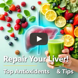 A vibrant YouTube thumbnail for a health-focused video titled "Repair Your Liver: Antioxidants and Key Tips