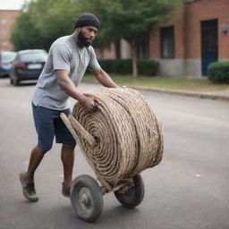 Generate an image of a strong individual, showcasing immense determination and strength, pulling a heavy cart with a thick, sturdy rope.