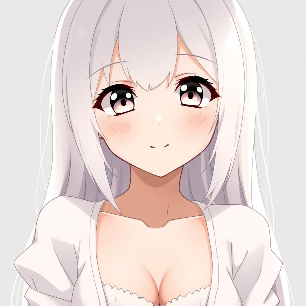 A cute 18-year-old anime girl with white hair and adorable eyes