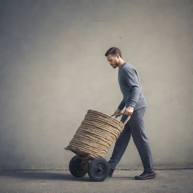 Generate an image of a strong individual, showcasing immense determination and strength, pulling a heavy cart with a thick, sturdy rope.