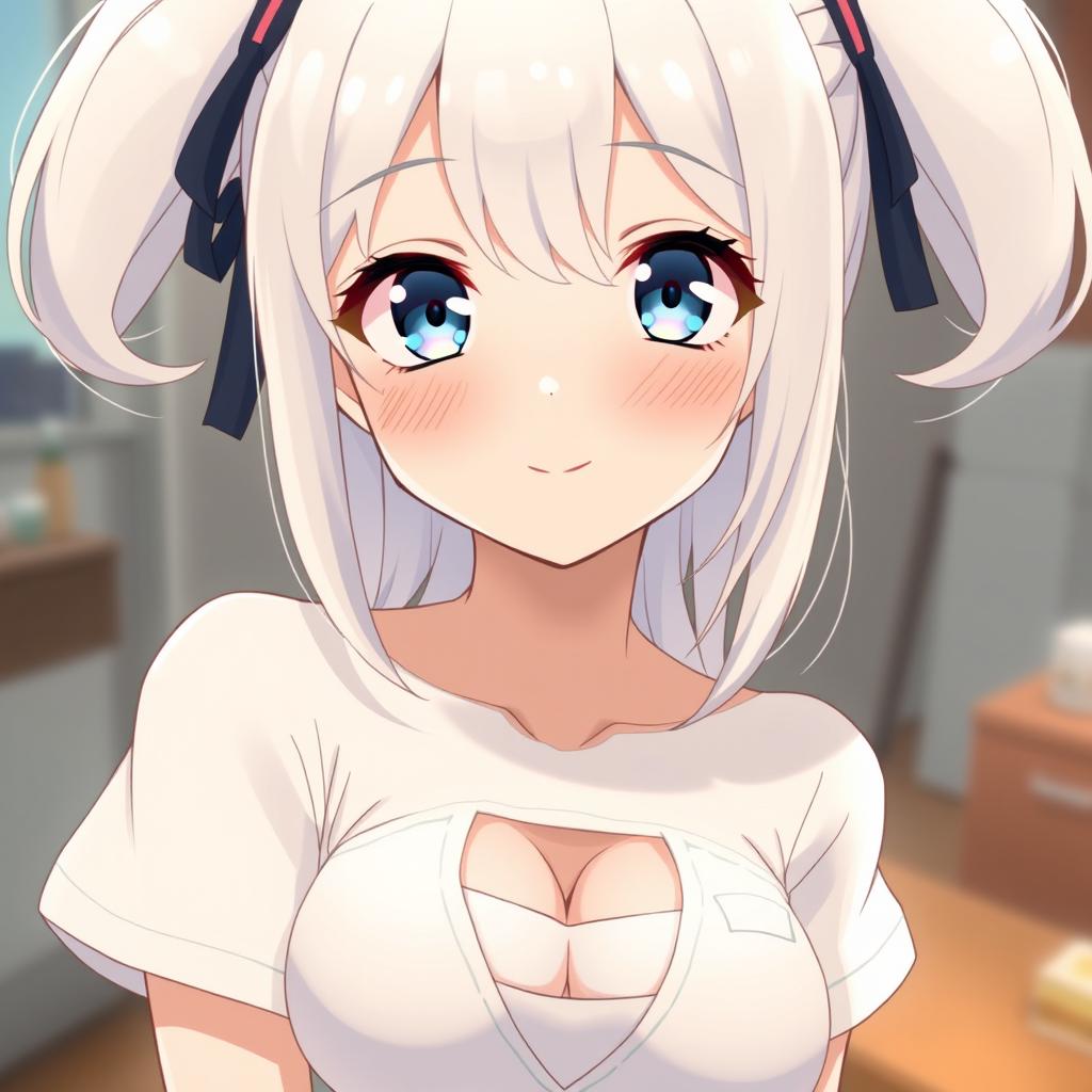 A cute 18-year-old anime girl with white hair and adorable eyes