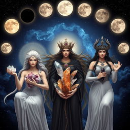 A celestial scene featuring the three goddesses of the moon: Luna, Diana, and Hecate, each holding specific crystals