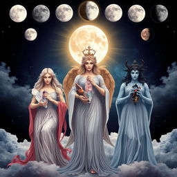 A celestial scene featuring the three goddesses of the moon: Luna, Diana, and Hecate, each holding specific crystals