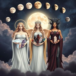 A celestial scene featuring the three goddesses of the moon: Luna, Diana, and Hecate, each holding specific crystals