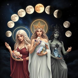 A celestial scene featuring the three goddesses of the moon: Luna, Diana, and Hecate, each holding specific crystals