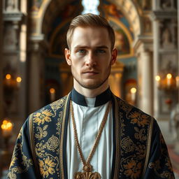 a handsome and attractive male Orthodox priest with chiseled features, wearing traditional Orthodox priest robes adorned with intricate golden embroidery