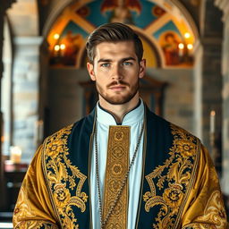 a handsome and attractive male Orthodox priest with chiseled features, wearing traditional Orthodox priest robes adorned with intricate golden embroidery