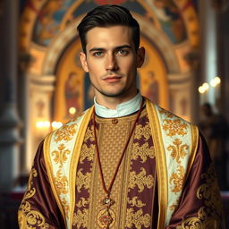 a handsome and attractive male Orthodox priest with chiseled features, wearing traditional Orthodox priest robes adorned with intricate golden embroidery