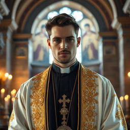 a handsome and attractive male Orthodox priest with chiseled features, wearing traditional Orthodox priest robes adorned with intricate golden embroidery