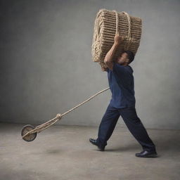 Generate an image of a strong individual, showcasing immense determination and strength, pulling a heavy cart with a thick, sturdy rope.