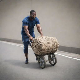 Generate an image of a strong individual, showcasing immense determination and strength, pulling a heavy cart with a thick, sturdy rope.