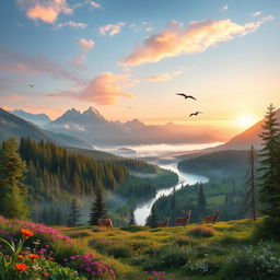 A breathtaking landscape featuring a vast expanse of lush green forests, vibrant wildflowers, and a serene river that winds through the scene