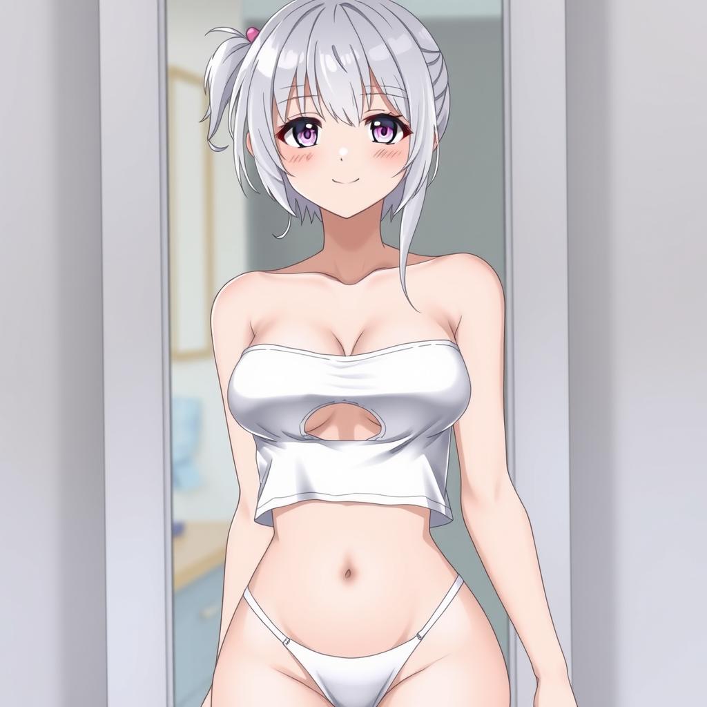 A cute anime girl, age 18, with white hair and adorable eyes