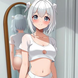 A cute anime girl, age 18, with white hair and adorable eyes