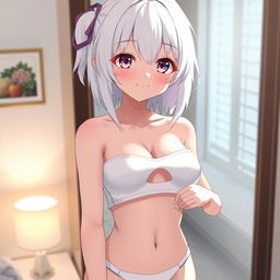 A cute anime girl, age 18, with white hair and adorable eyes