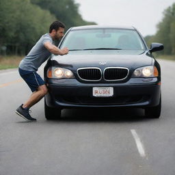 Generate an image of a determined individual, exerting full force to push a stalled car on a road, emphasizing resilience and effort.