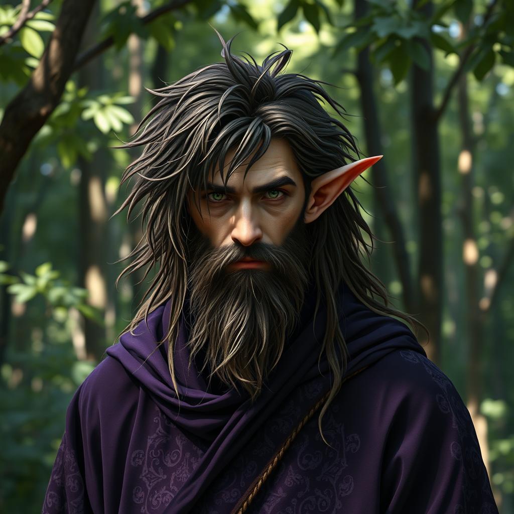 A half elf male with long, rough hair and a scraggly beard, wearing dark purple robes adorned with intricate patterns