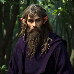 A half elf male with long, rough hair and a scraggly beard, wearing dark purple robes adorned with intricate patterns