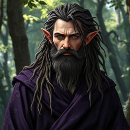 A half elf male with long, rough hair and a scraggly beard, wearing dark purple robes adorned with intricate patterns