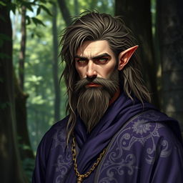 A half elf male with long, rough hair and a scraggly beard, wearing dark purple robes adorned with intricate patterns