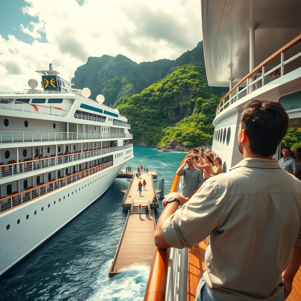 A cinematic shot capturing a large cruise ship docked at the port of a lush green island