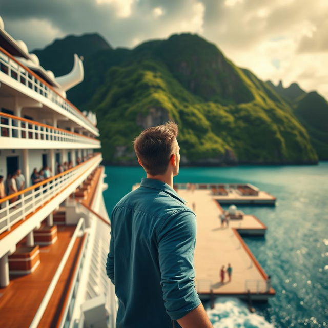 A cinematic shot capturing a large cruise ship docked at the port of a lush green island