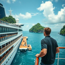 A cinematic shot capturing a large cruise ship docked at the port of a lush green island