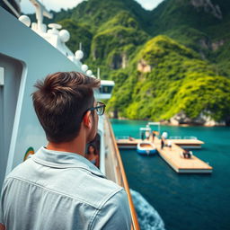 A cinematic shot capturing a large cruise ship docked at the port of a lush green island