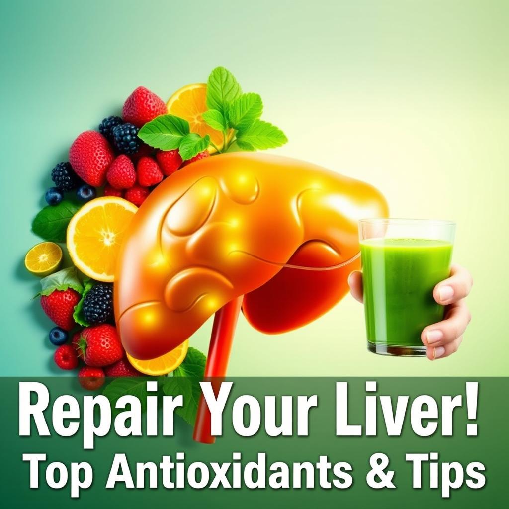 A vibrant YouTube thumbnail for a health-focused video titled "Repair Your Liver: Antioxidants and Key Tips