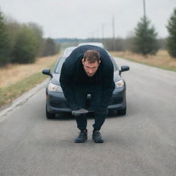 Generate an image of a determined individual, exerting full force to push a stalled car on a road, emphasizing resilience and effort.