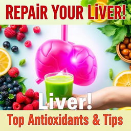 A vibrant YouTube thumbnail for a health-focused video titled "Repair Your Liver: Antioxidants and Key Tips