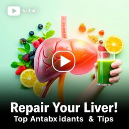 A vibrant YouTube thumbnail for a health-focused video titled "Repair Your Liver: Antioxidants and Key Tips