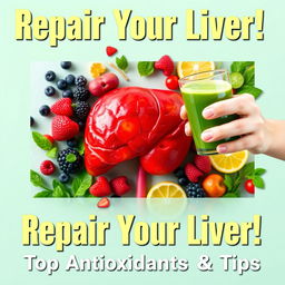 A vibrant YouTube thumbnail for a health-focused video titled "Repair Your Liver: Antioxidants and Key Tips