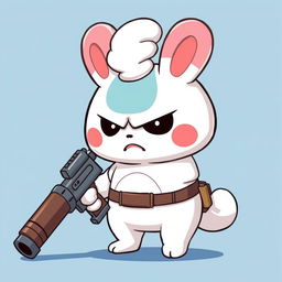 Cinnamoroll character with an angry expression, holding a large gun against a blue background