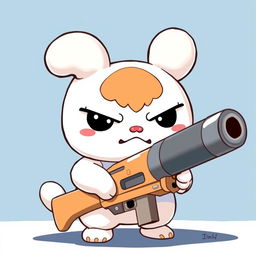 Cinnamoroll character with an angry expression, holding a large gun against a blue background