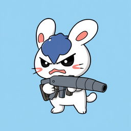 Cinnamoroll character with an angry expression, holding a large gun against a blue background